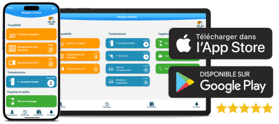 Mobile et Tablette et les badges des stores (5 étoiles) Mobile et Tablette et les badges des stores (5 étoiles)